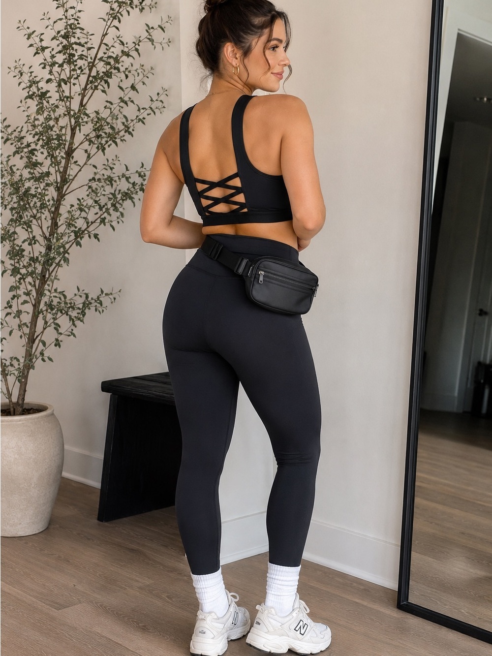 Logilates XL Black Strappy Back Sports Bra Longline Medium Support Workout Top